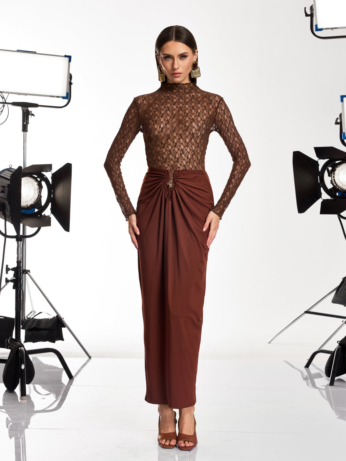 Darcila Long Sleeve Lace Ruched Skirt Set