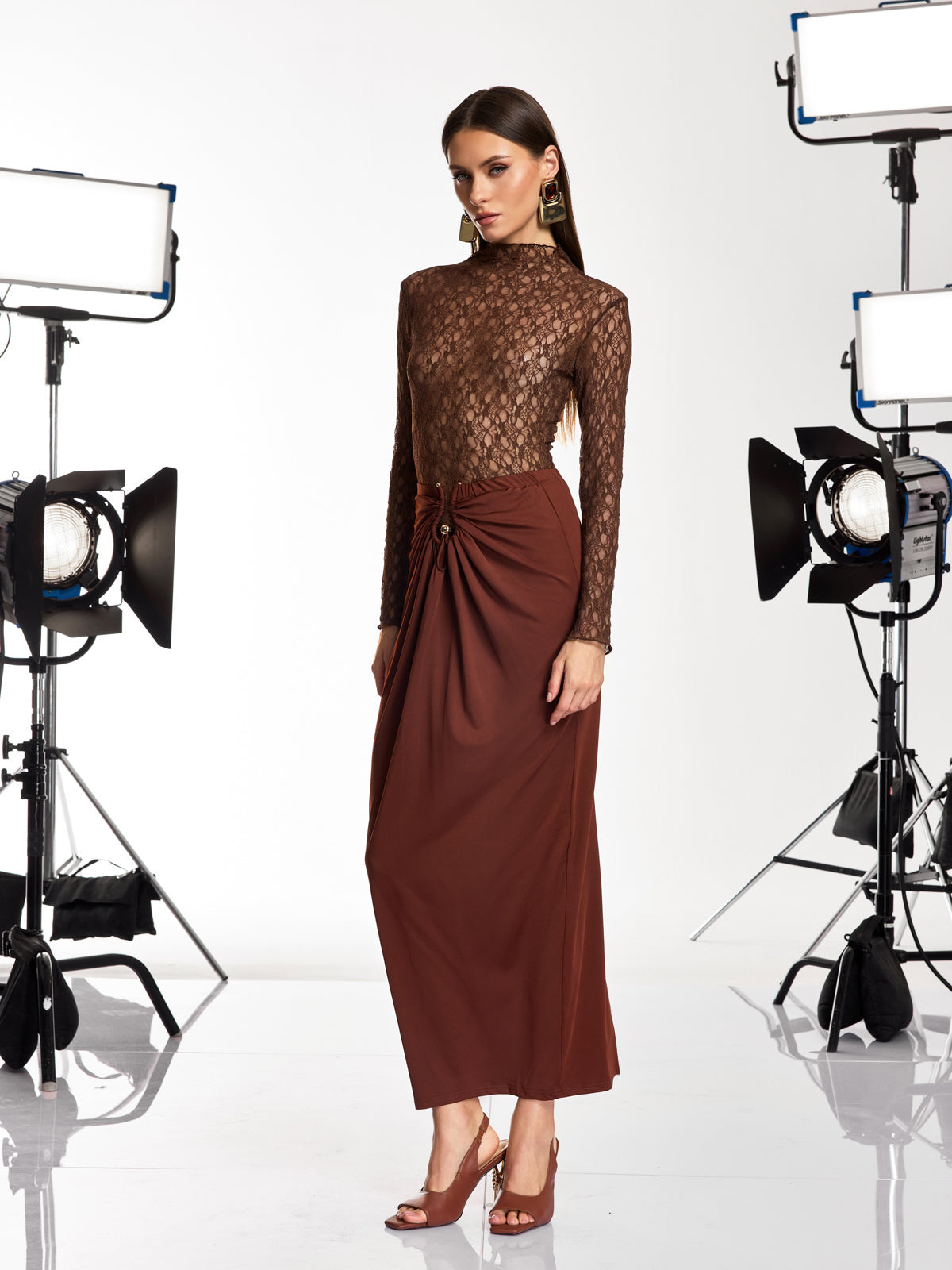 Darcila Long Sleeve Lace Ruched Skirt Set
