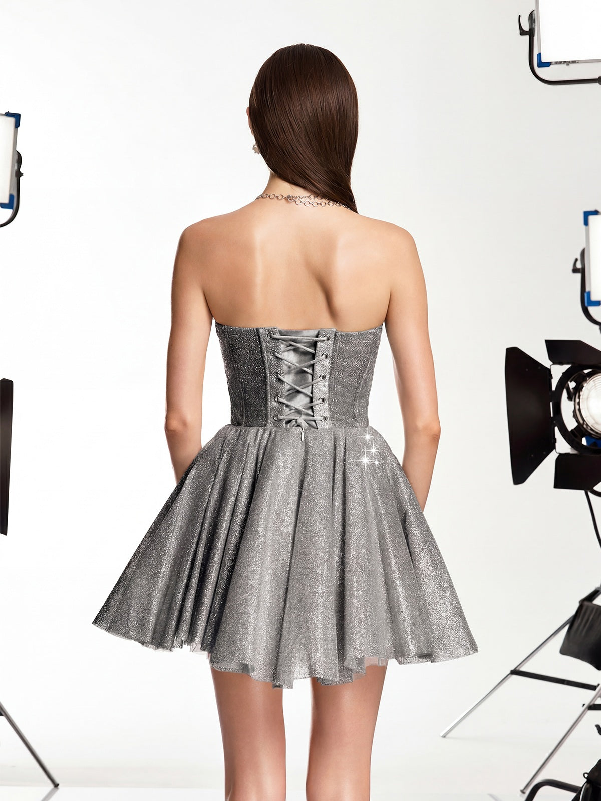Darda Strapless Glitter Corset Mini Dress In Grey