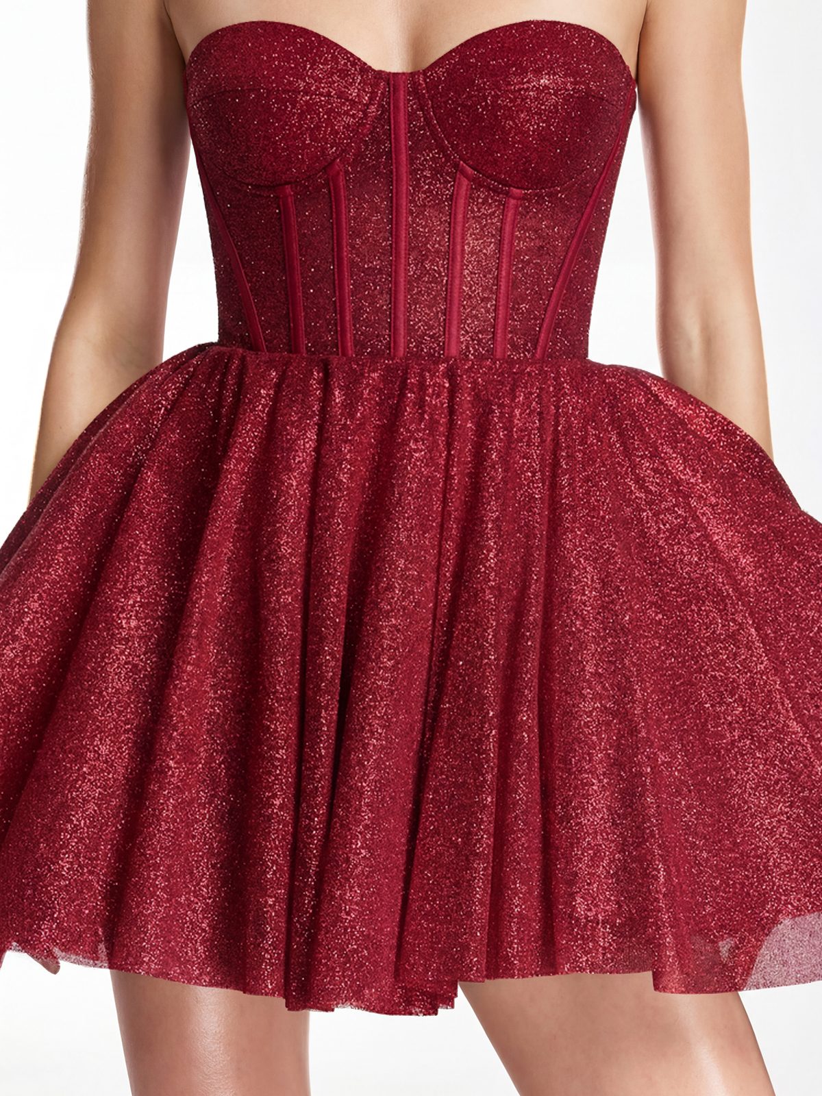 Darda Strapless Glitter Corset Mini Dress In Wine