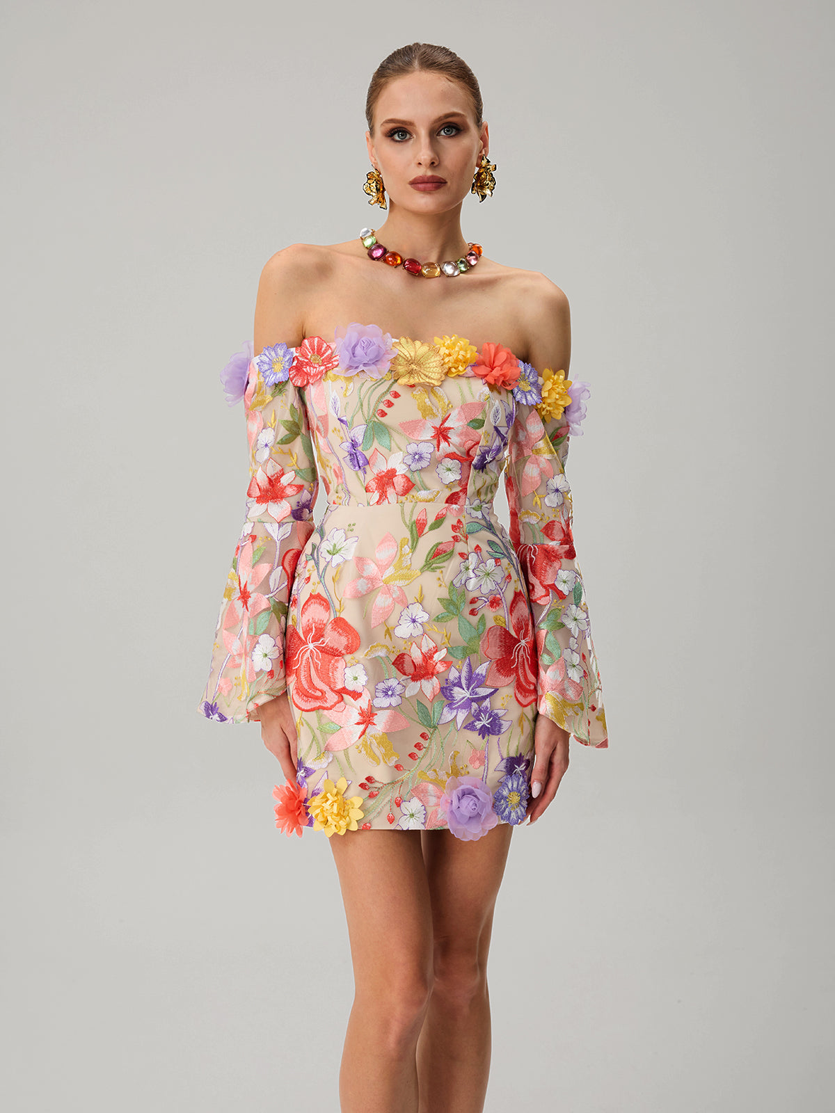 Deltria Off Shoulder Flower Embroidered Mini Dress