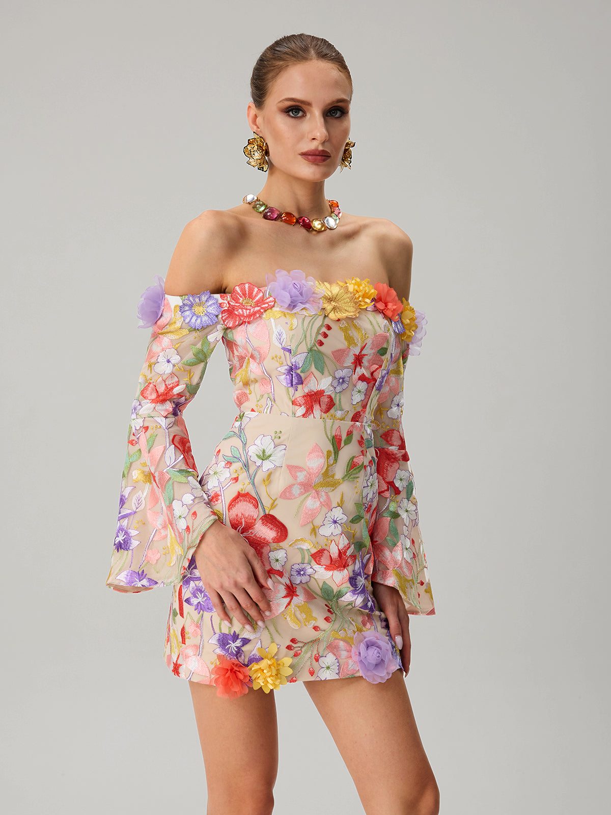 Deltria Off Shoulder Flower Embroidered Mini Dress