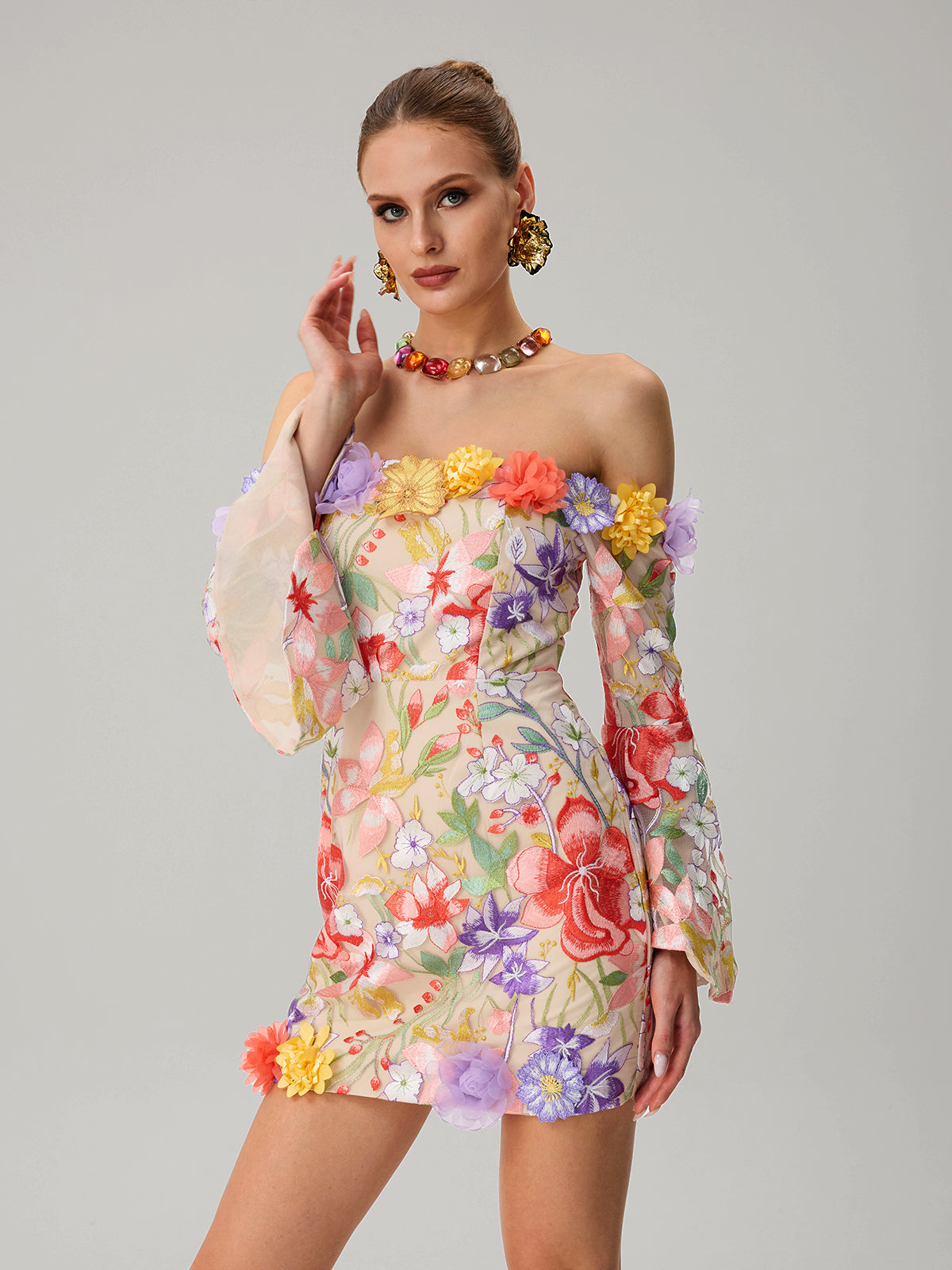 Deltria Off Shoulder Flower Embroidered Mini Dress