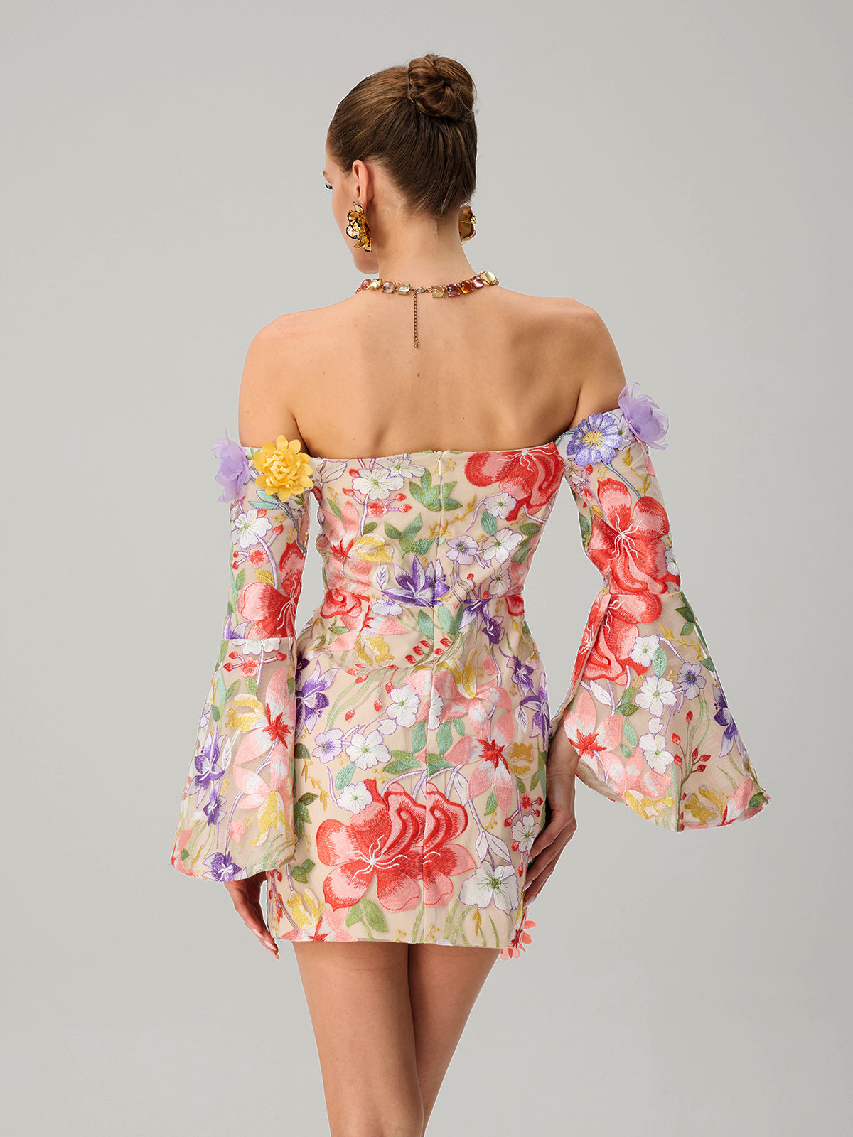 Deltria Off Shoulder Flower Embroidered Mini Dress