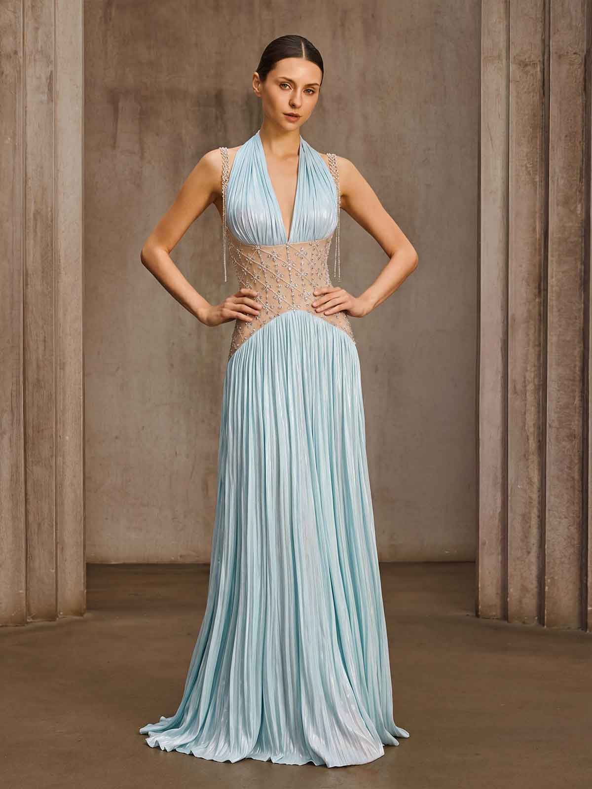 Delvion Halterneck Rhinestone Pleated Maxi Dress