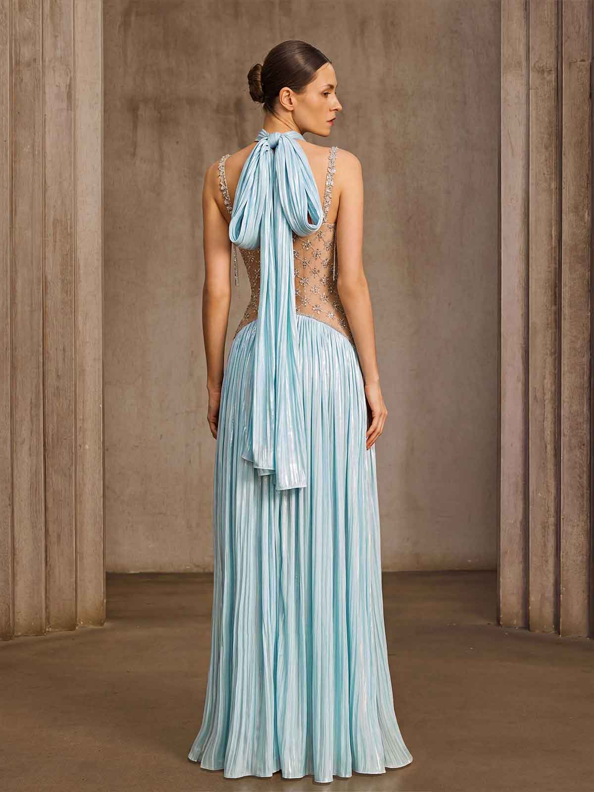 Delvion Halterneck Rhinestone Pleated Maxi Dress
