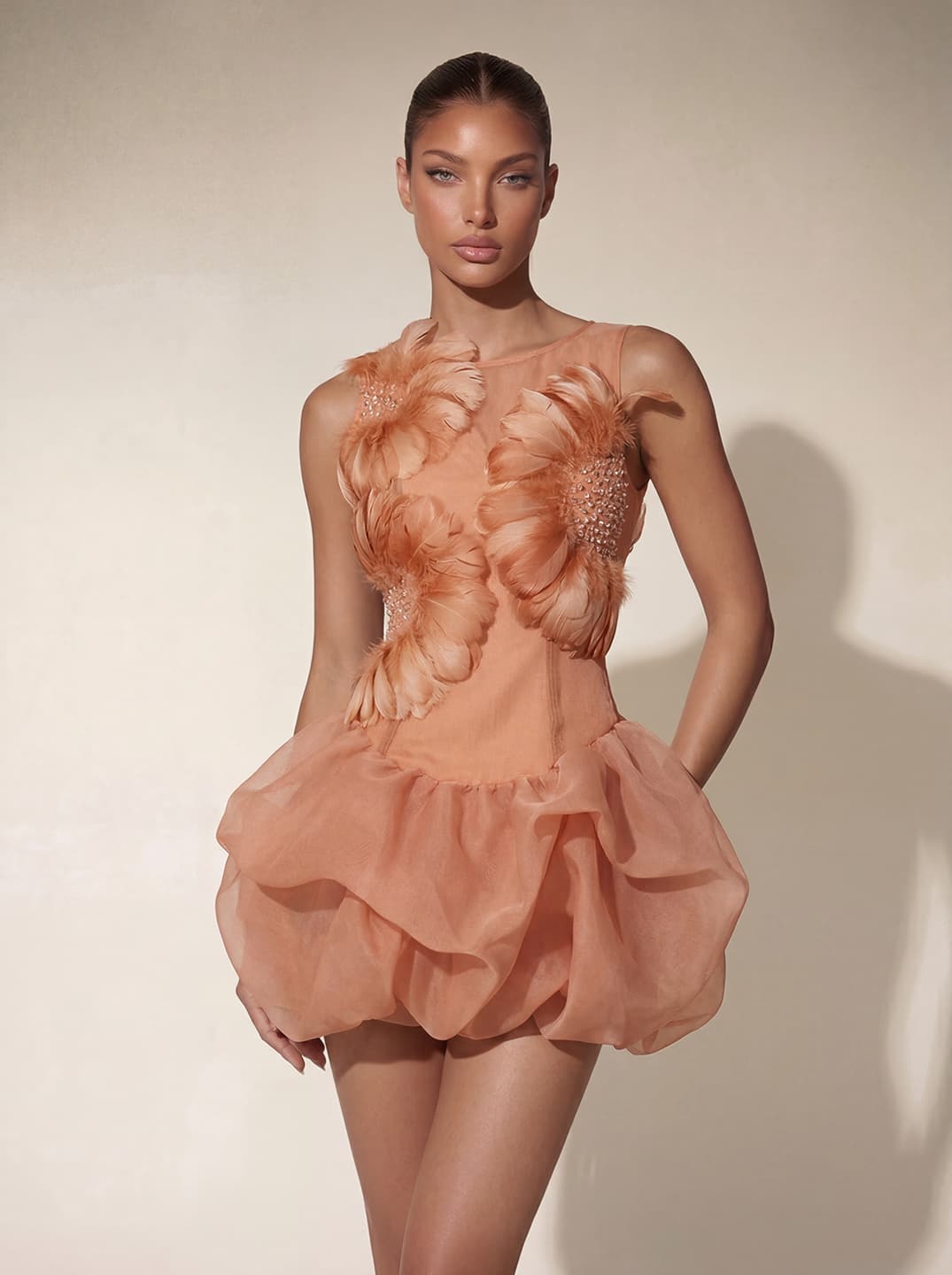 Delvor Sleeveless Feather Rhinestone Mini Dress