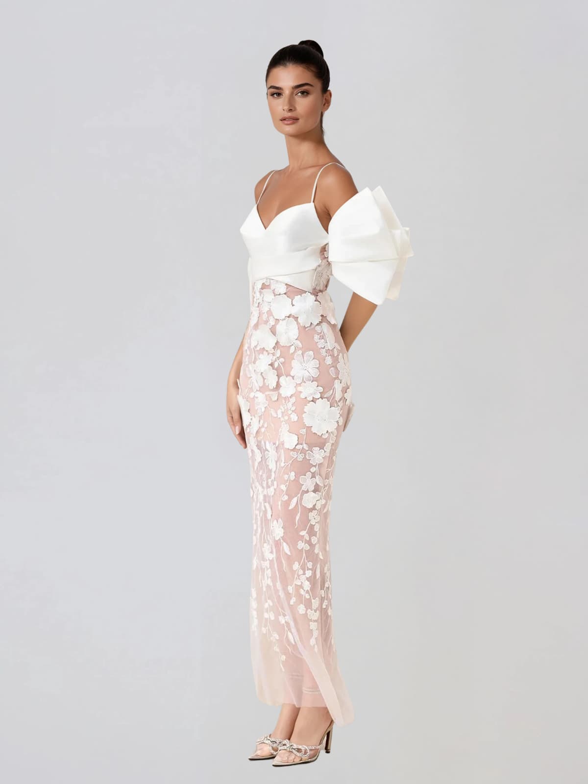 Delythra Cold Shoulder Sleeve Flower Maxi Dress
