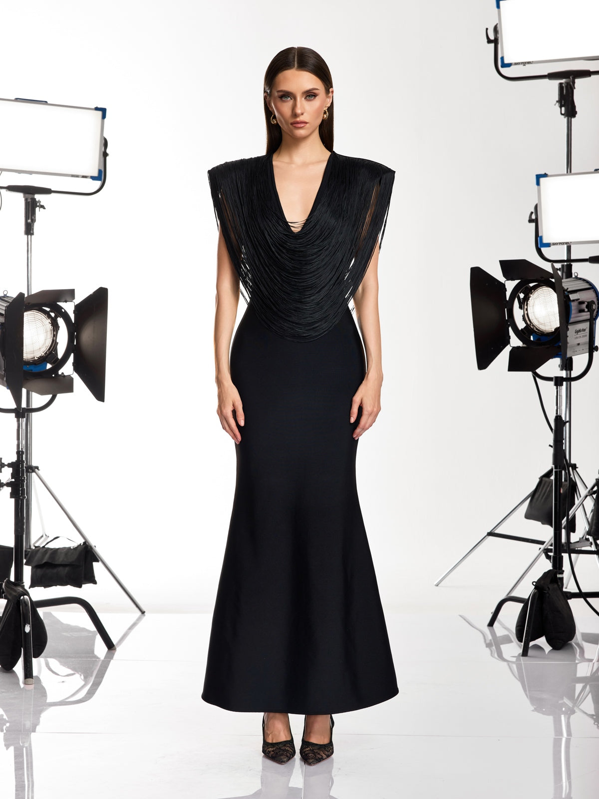 Delyxen V Neck Fringe Bandage Maxi Dress
