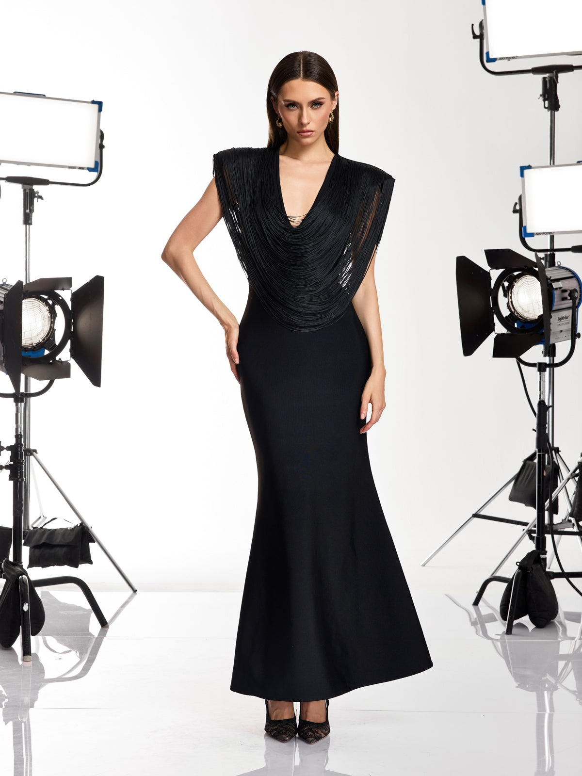 Delyxen V Neck Fringe Bandage Maxi Dress