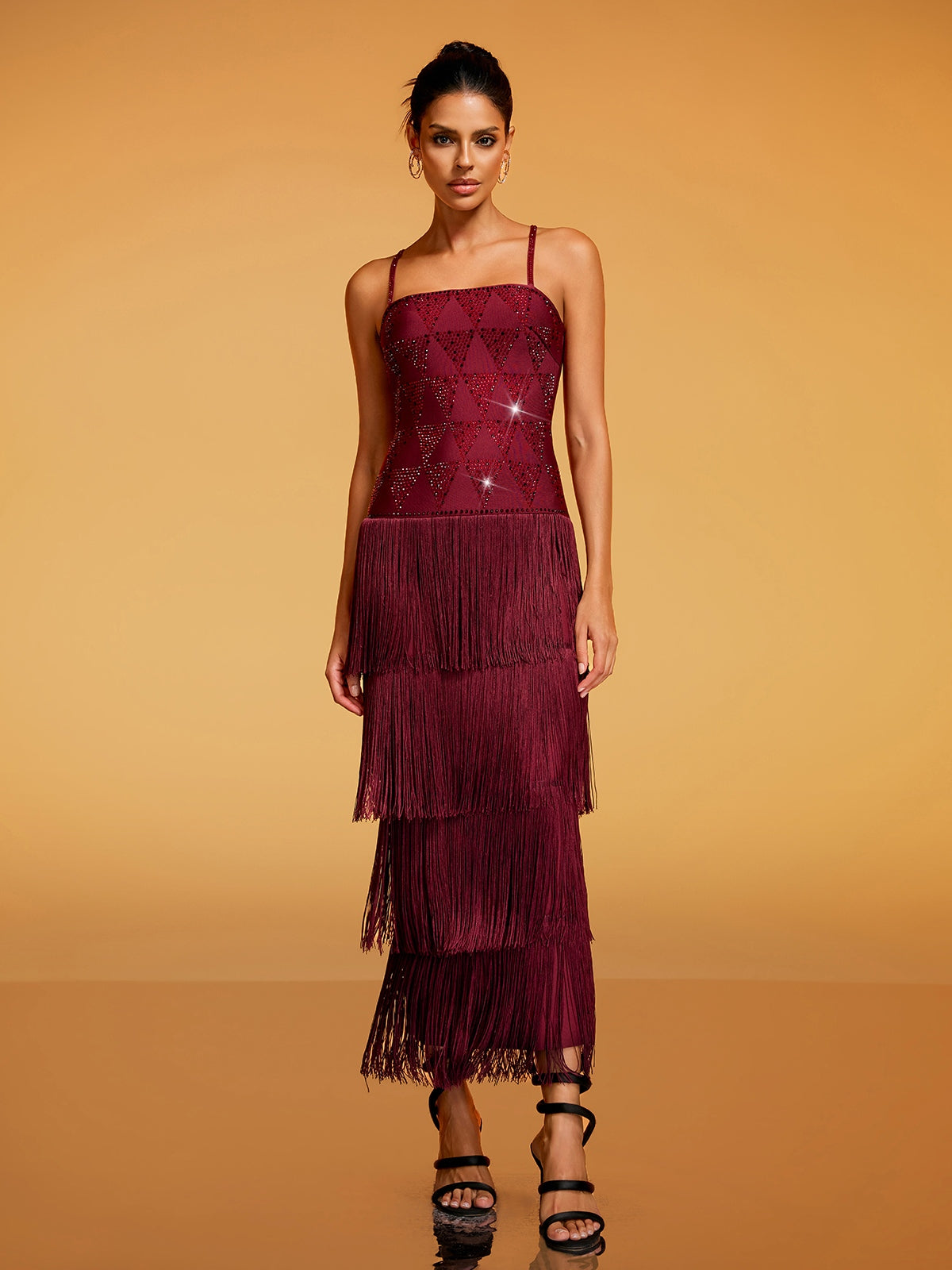 Dessa Spaghetti Rhinestone Fringe Midi Dress