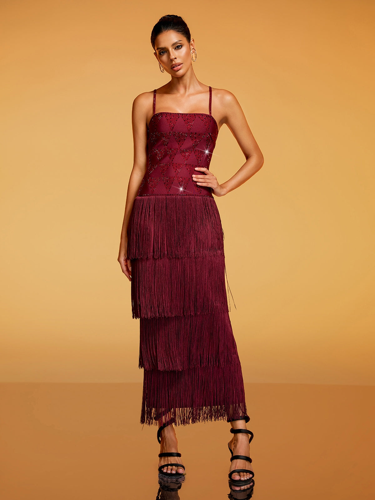 Dessa Spaghetti Rhinestone Fringe Midi Dress
