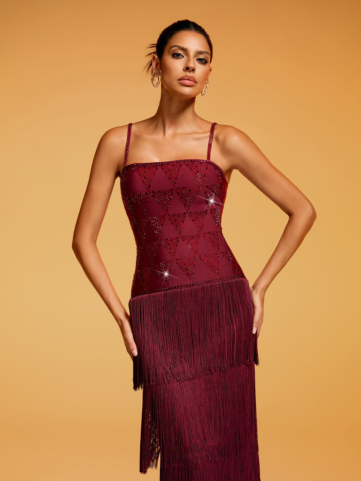 Dessa Spaghetti Rhinestone Fringe Midi Dress