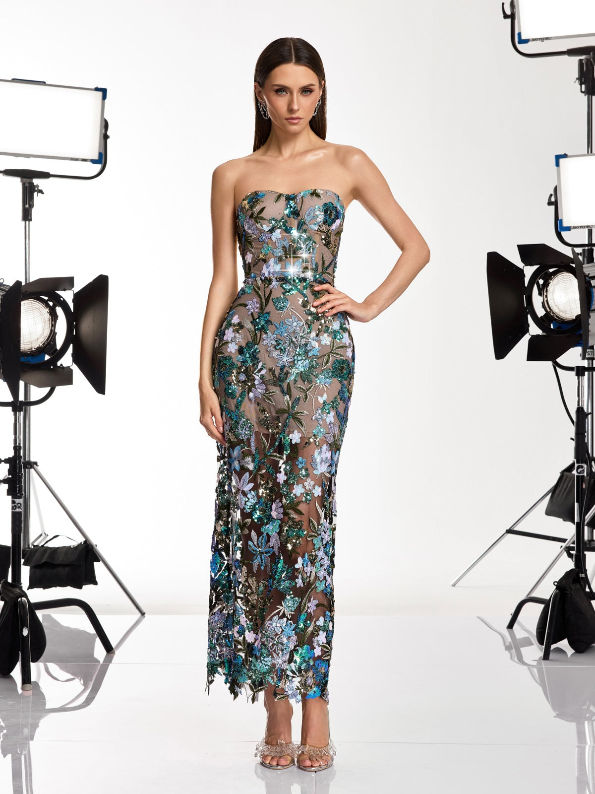 Desta Flower Embroidered Sequin Midi Dress