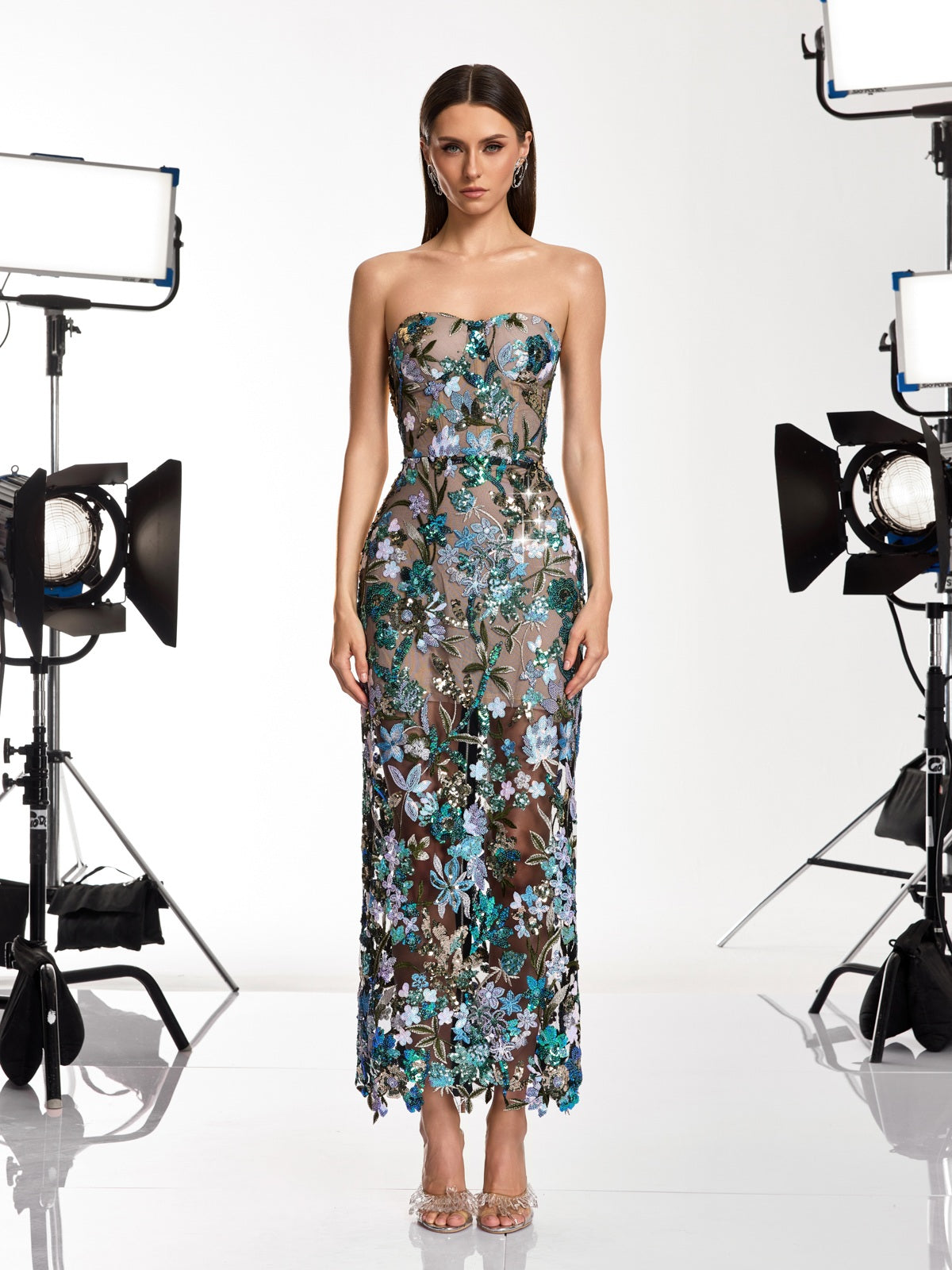 Desta Flower Embroidered Sequin Midi Dress