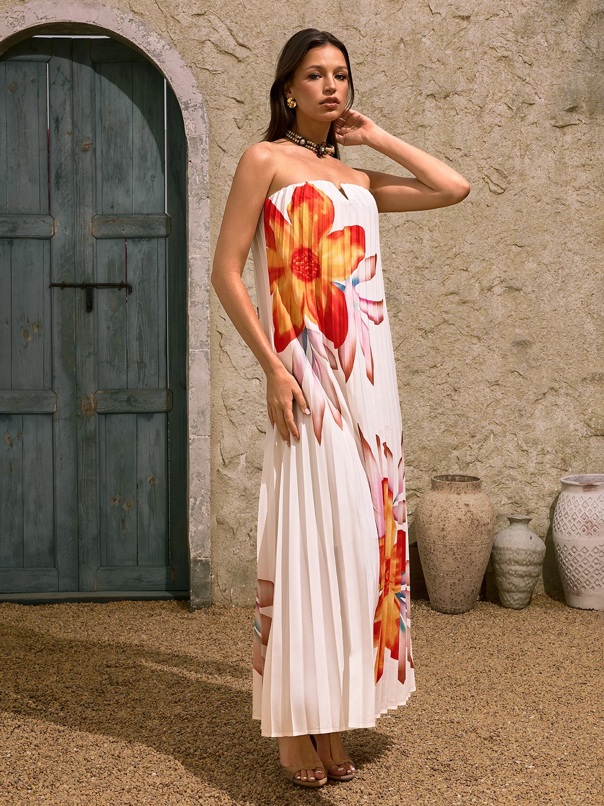 Devlin Strapless Floral Pleated Maxi Dress