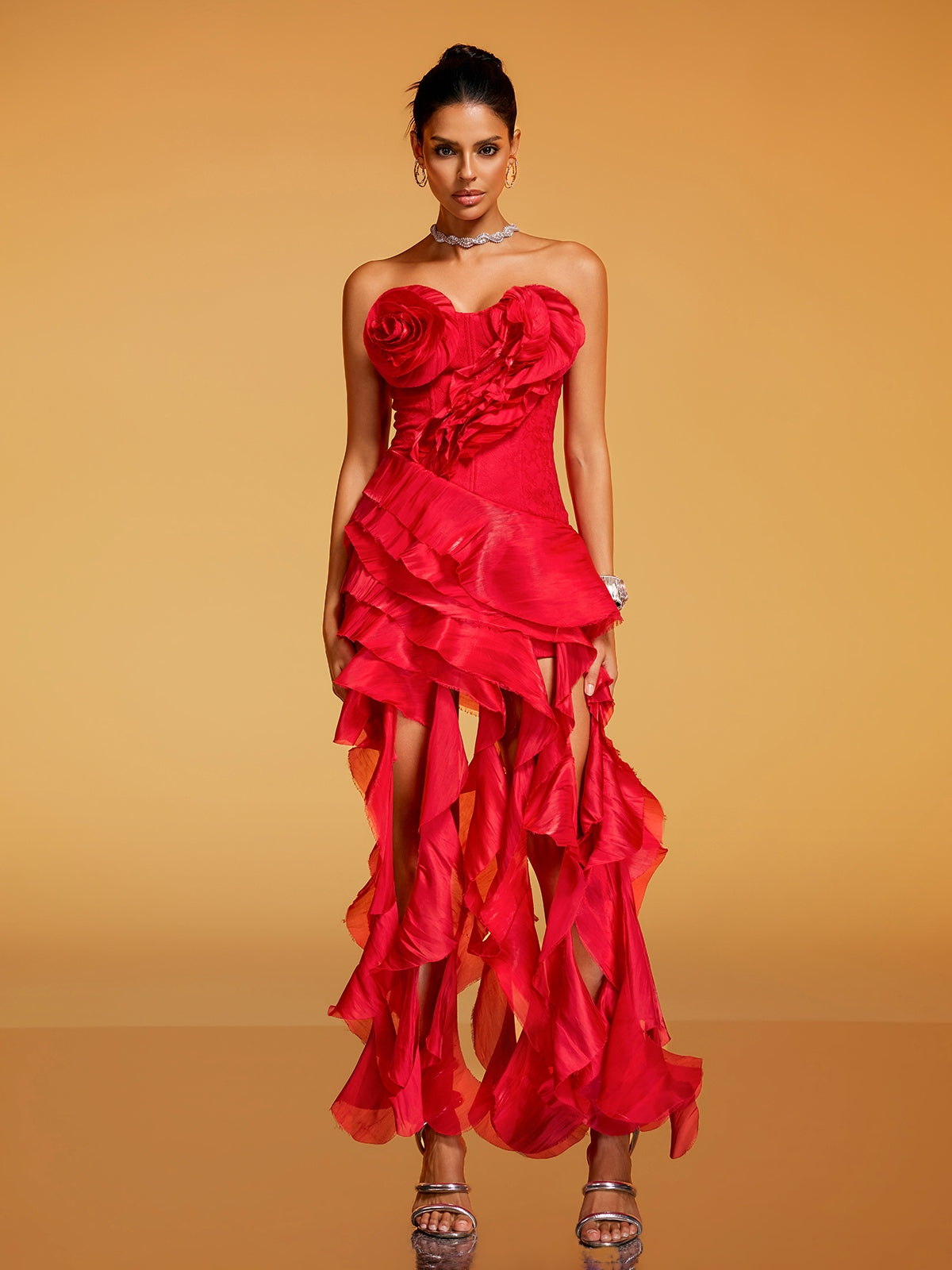 Devota Strapless Flower Ruffle Midi Dress