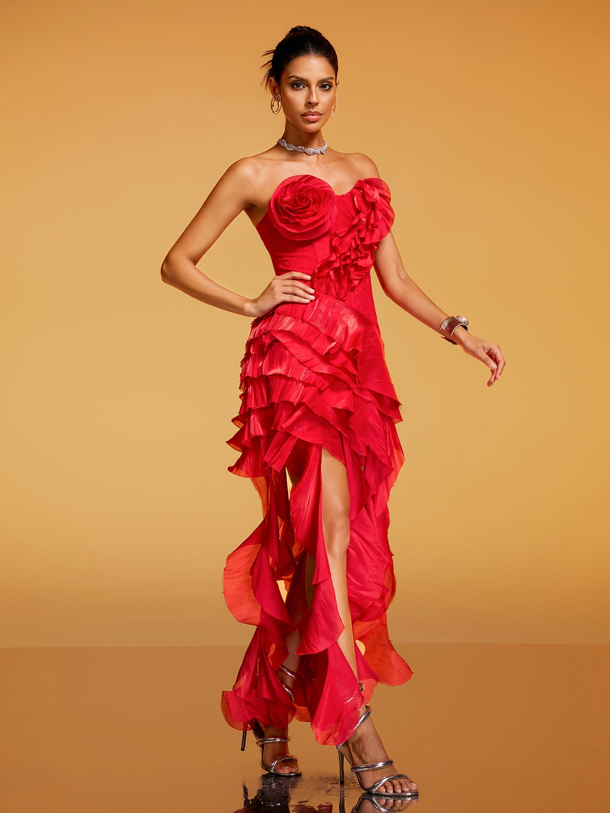 Devota Strapless Flower Ruffle Midi Dress