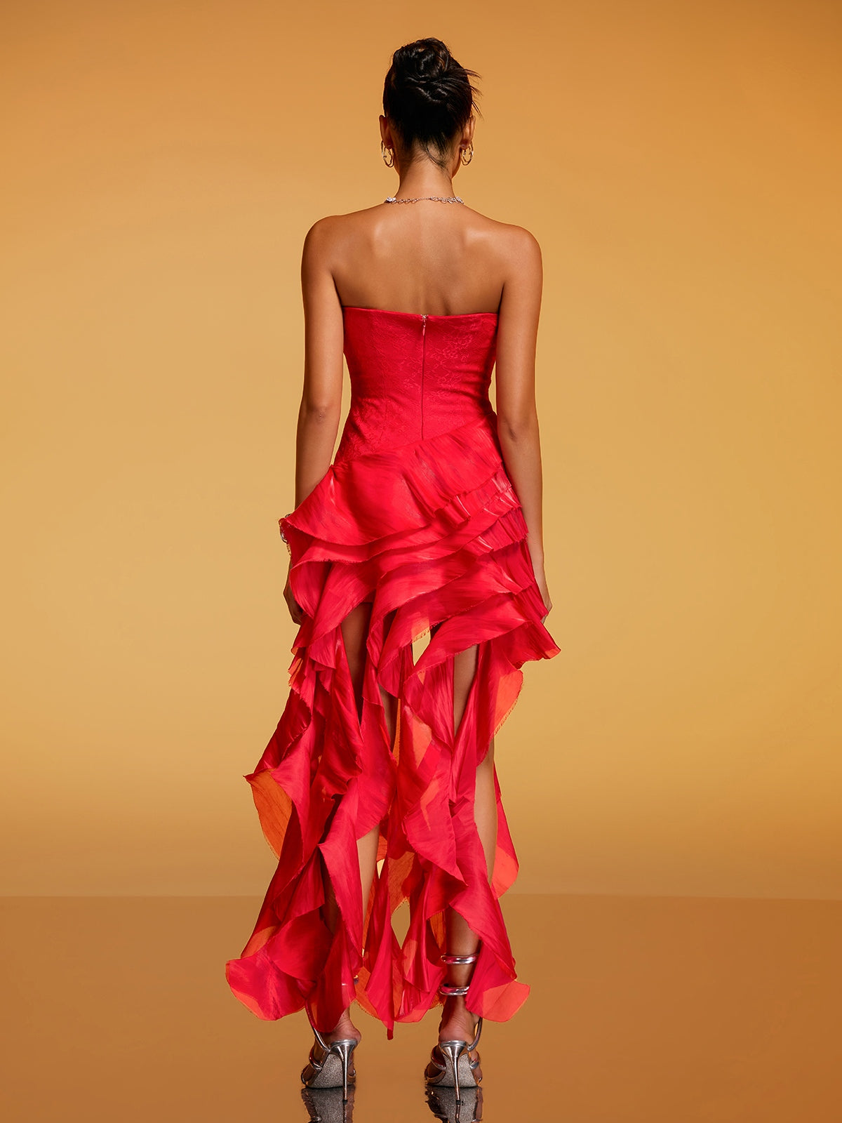 Devota Strapless Flower Ruffle Midi Dress