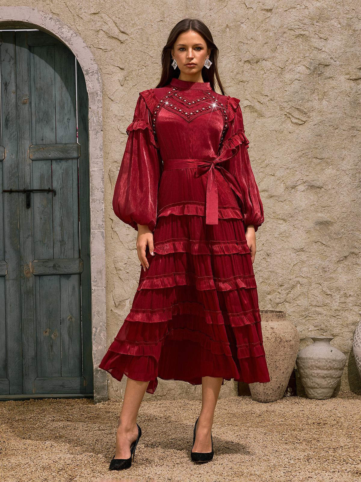 Dewitt Ballon Sleeve Ruffle Tiered Midi Dress