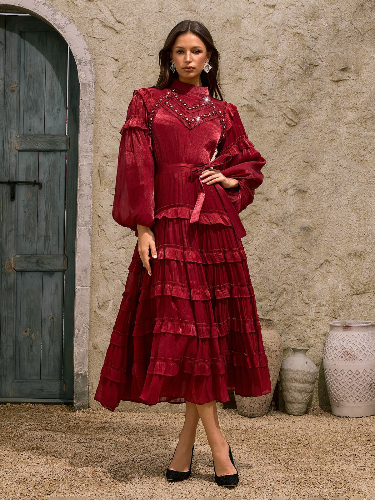 Dewitt Ballon Sleeve Ruffle Tiered Midi Dress