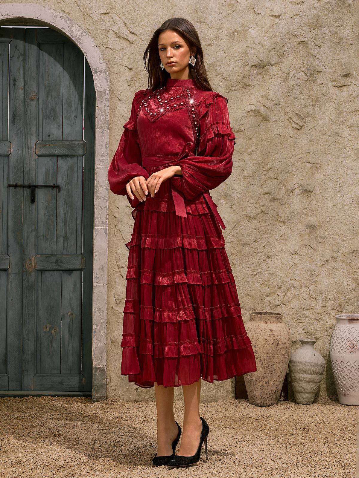 Dewitt Ballon Sleeve Ruffle Tiered Midi Dress