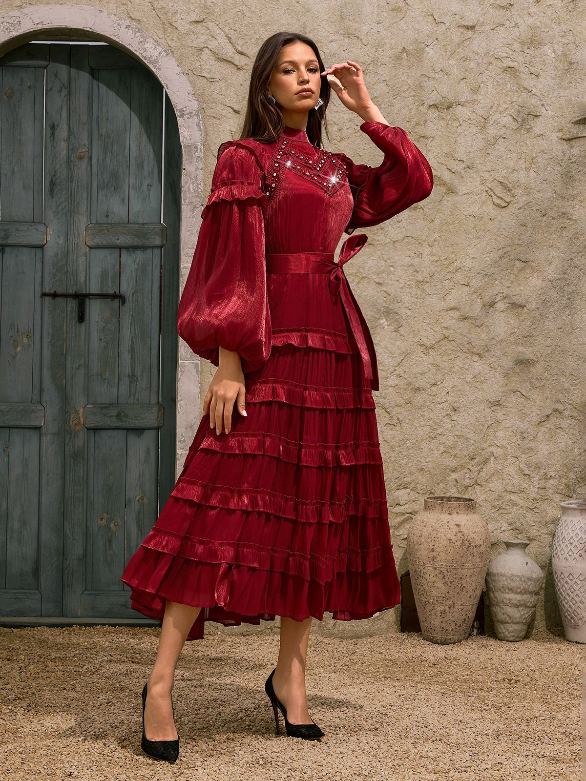 Dewitt Ballon Sleeve Ruffle Tiered Midi Dress
