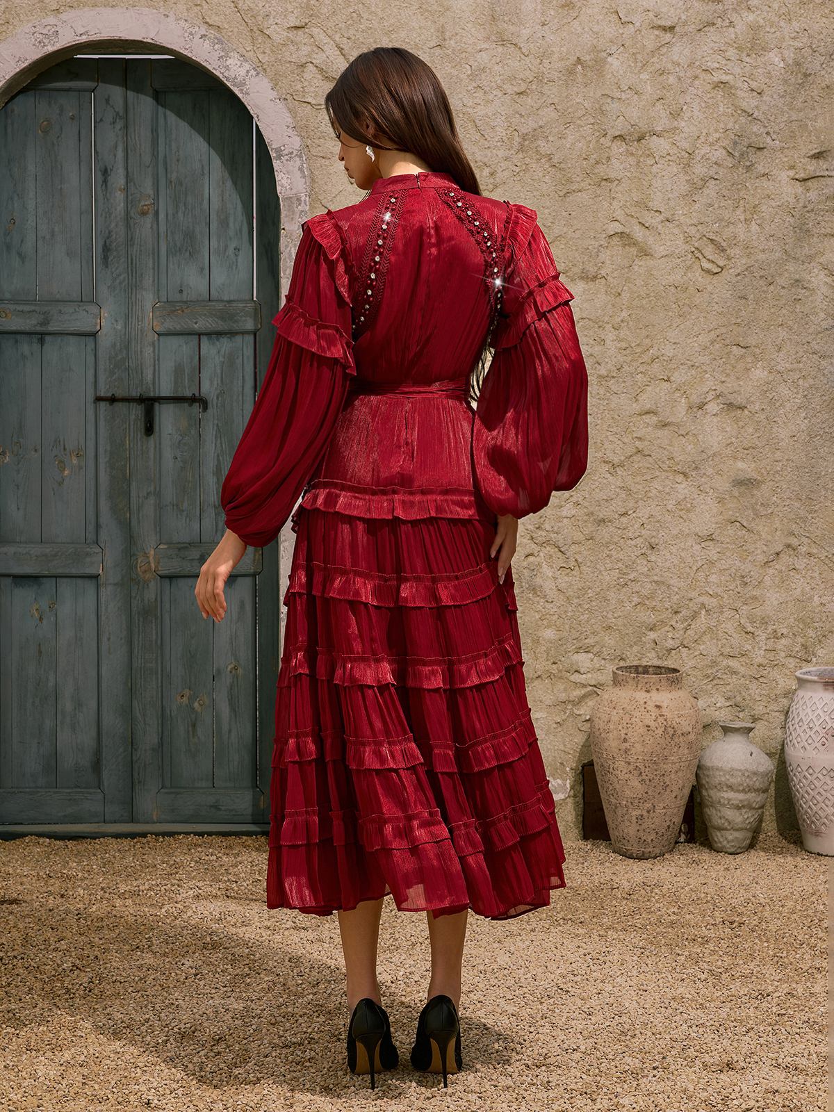 Dewitt Ballon Sleeve Ruffle Tiered Midi Dress