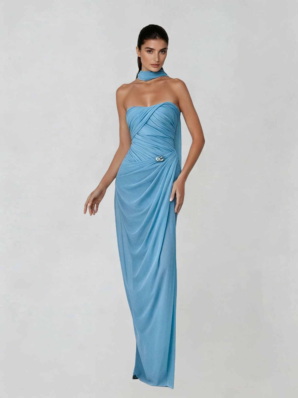 Dexurion Ruched Scarf Maxi Dress In Blue