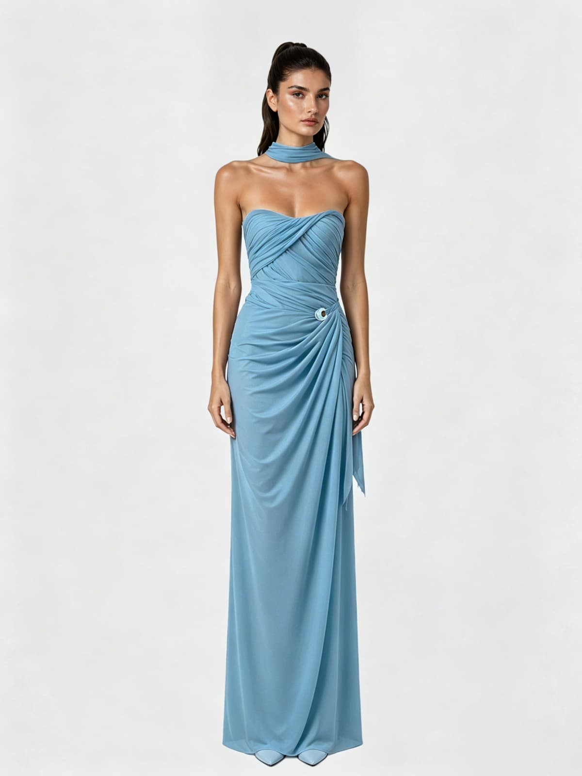 Dexurion Ruched Scarf Maxi Dress In Blue