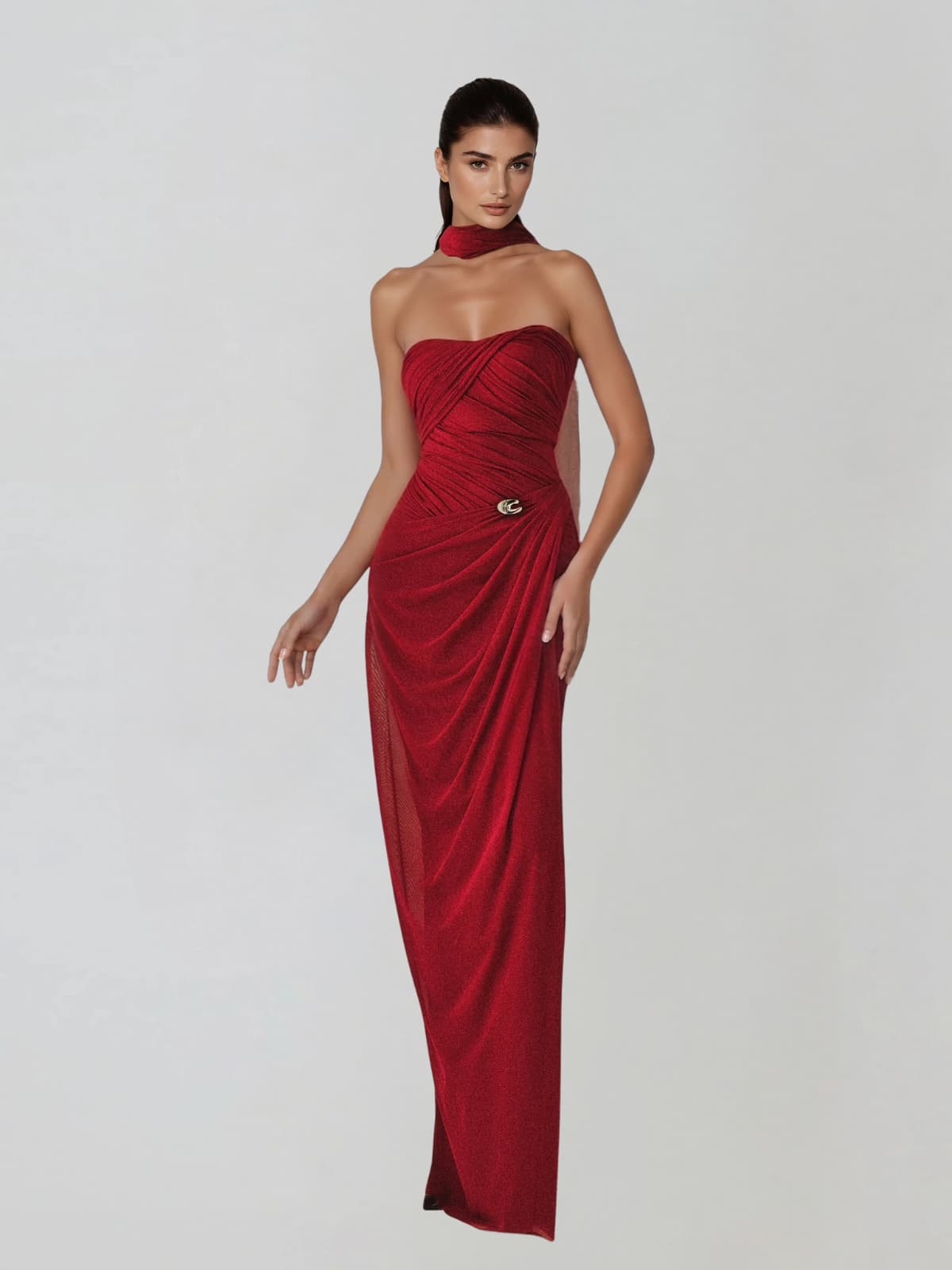 Dexurion Ruched Scarf Maxi Dress In Wine