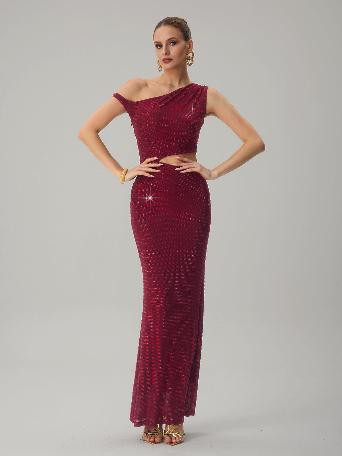 Diopter Cutout Rhinestone Maxi Dress In Wine