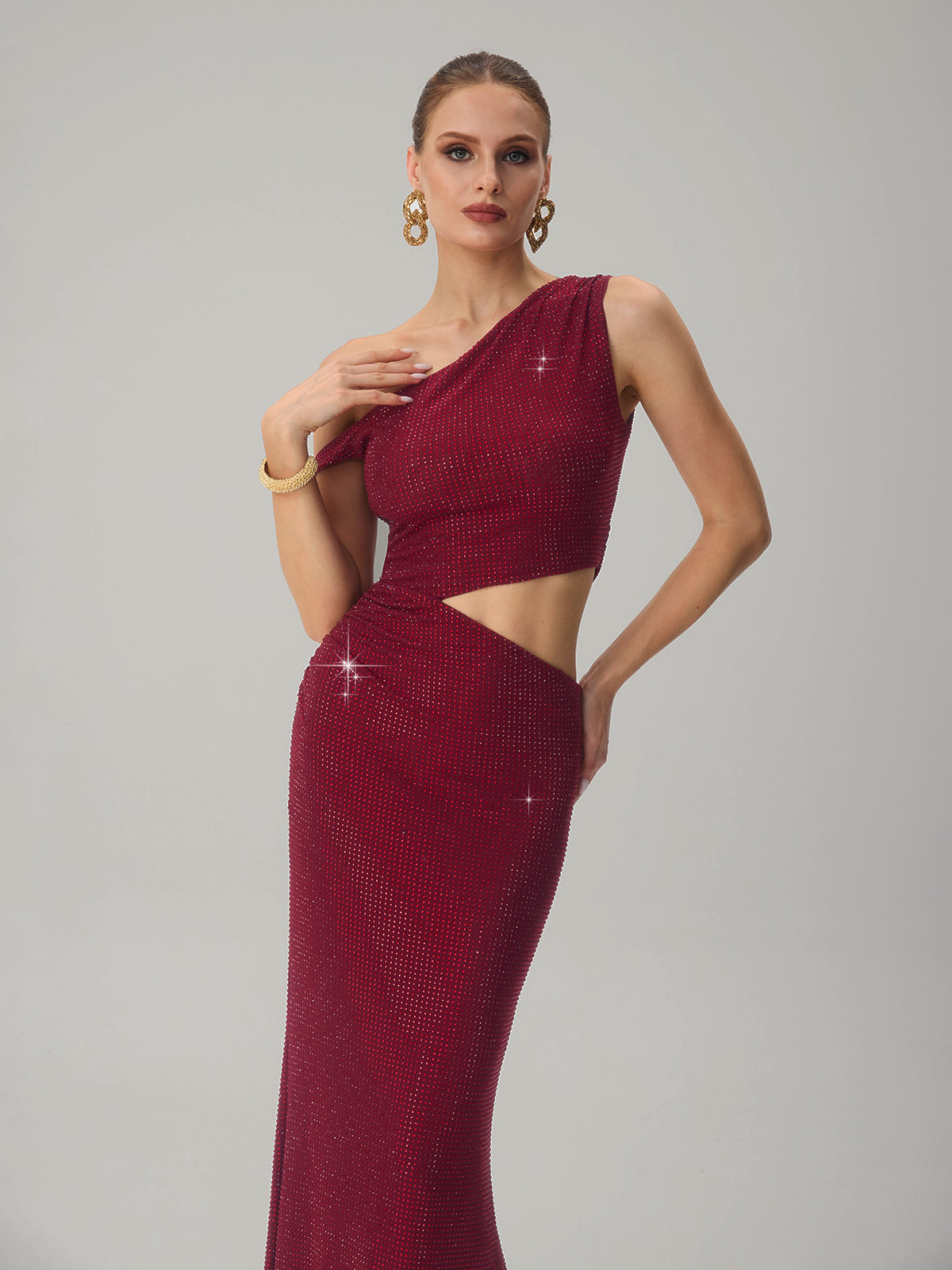 Diopter Cutout Rhinestone Maxi Dress In Wine
