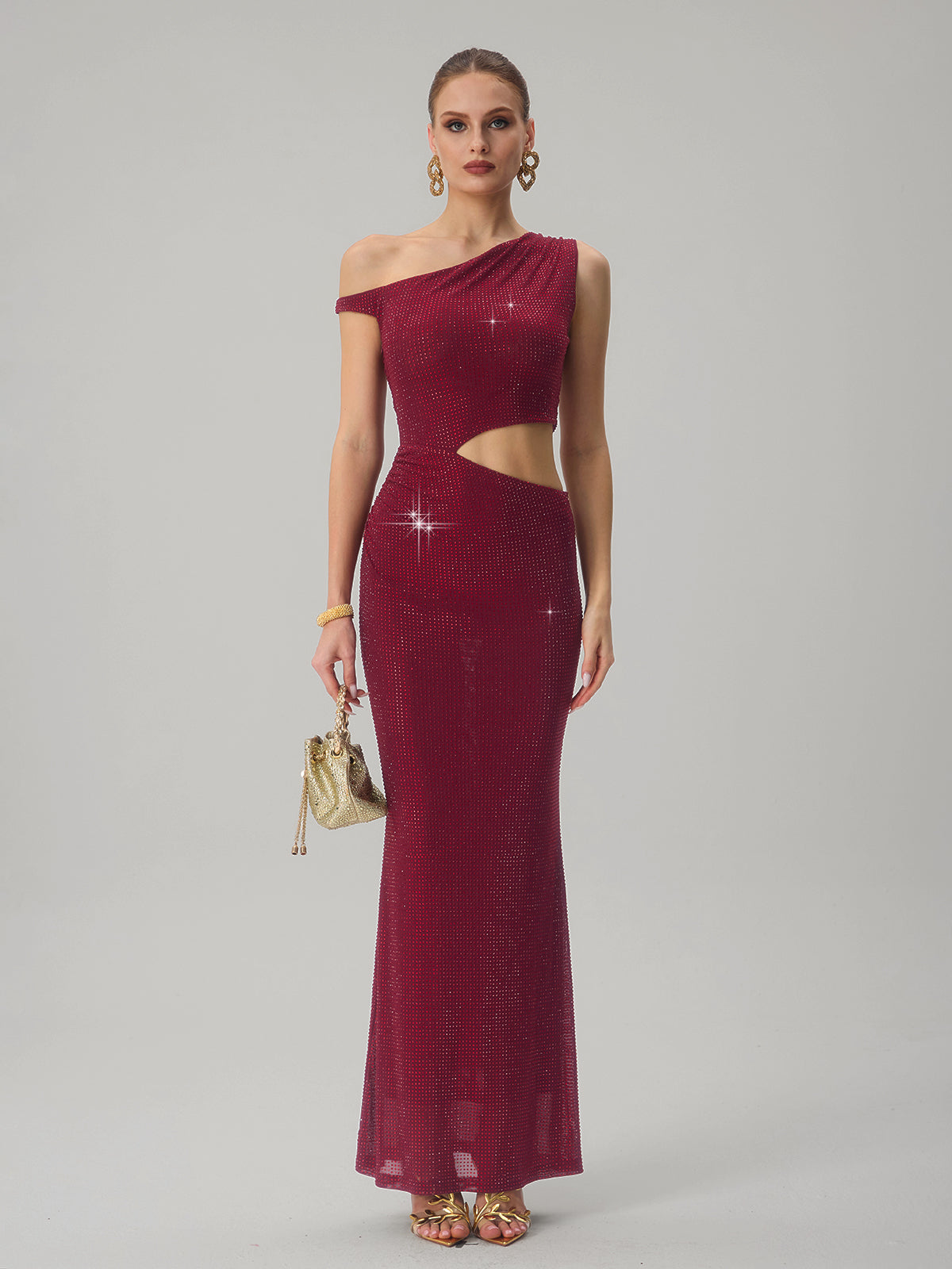 Diopter Cutout Rhinestone Maxi Dress In Wine
