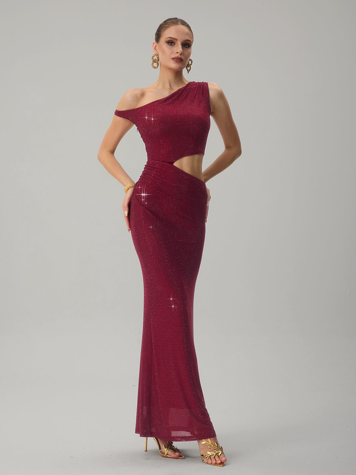Diopter Cutout Rhinestone Maxi Dress In Wine