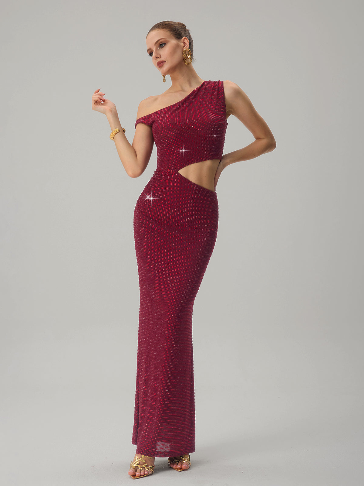 Diopter Cutout Rhinestone Maxi Dress In Wine