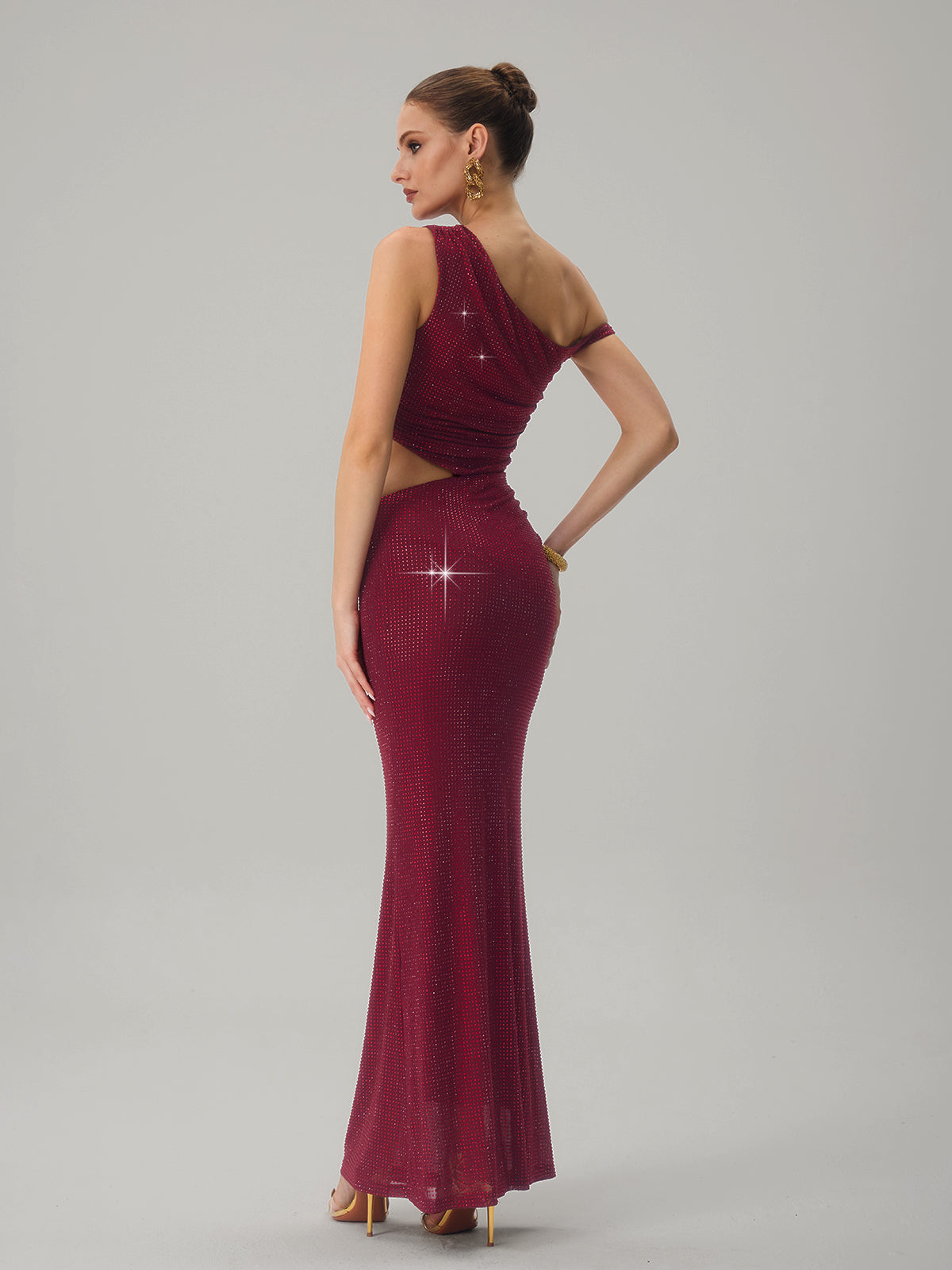 Diopter Cutout Rhinestone Maxi Dress In Wine