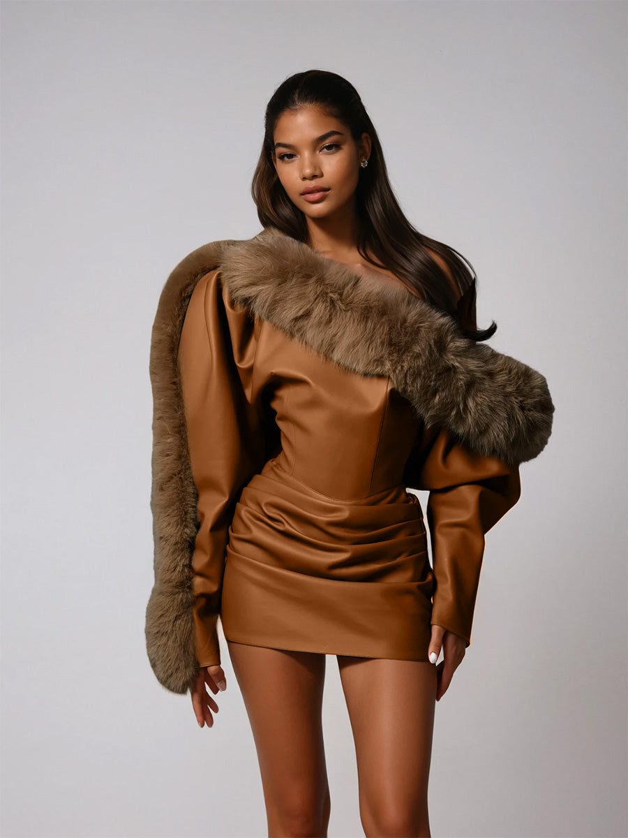 Dioptra One Shoulder Leather Faux Fur Mini Dress In Caramel