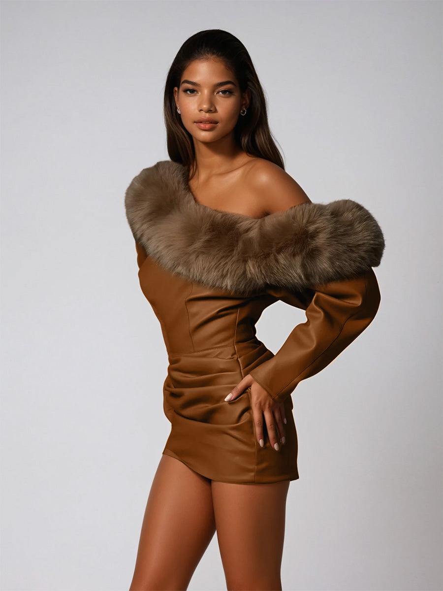 Dioptra One Shoulder Leather Faux Fur Mini Dress In Caramel