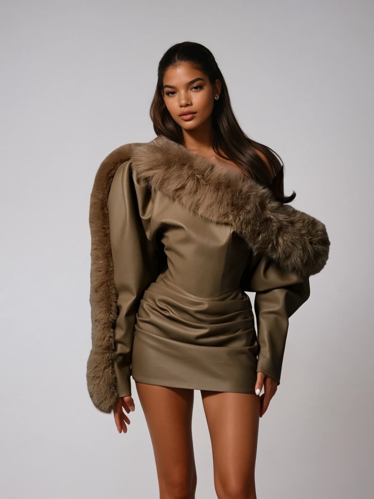 Dioptra One Shoulder Leather Faux Fur Mini Dress In Chocolate