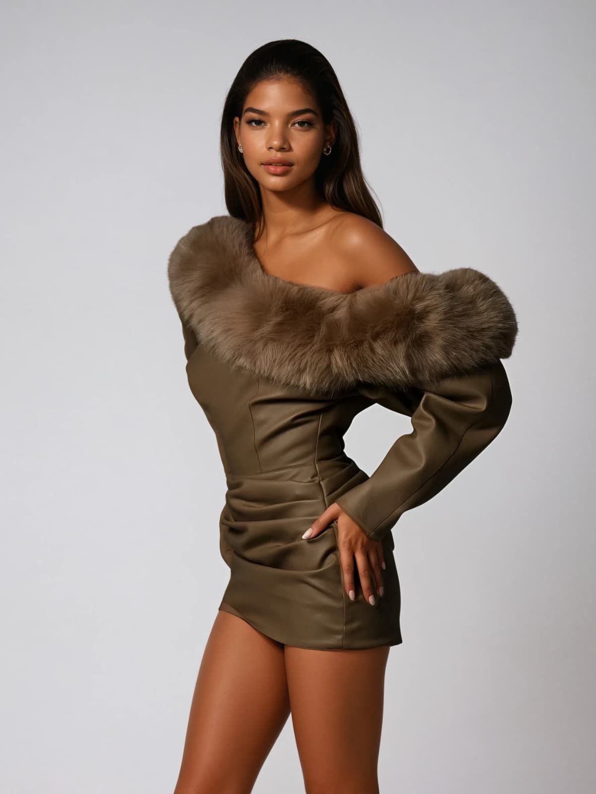 Dioptra One Shoulder Leather Faux Fur Mini Dress In Chocolate