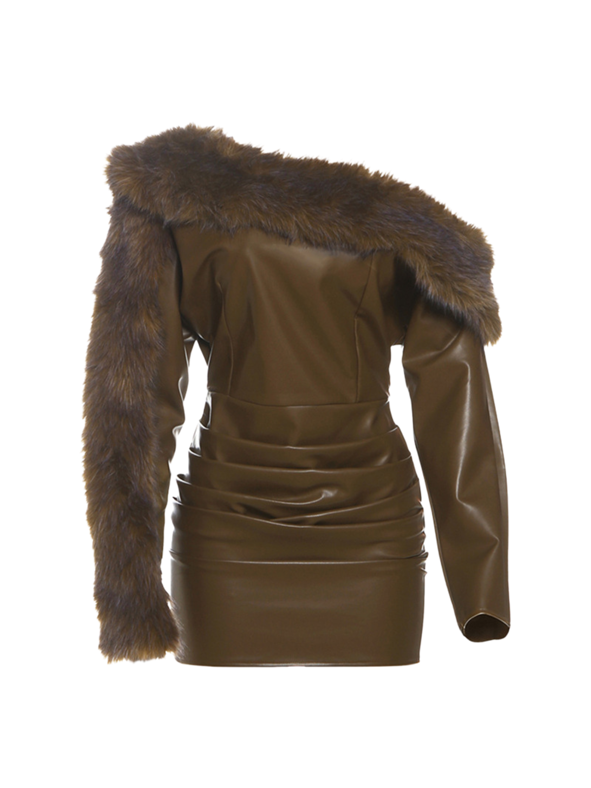 Dioptra One Shoulder Leather Faux Fur Mini Dress In Chocolate