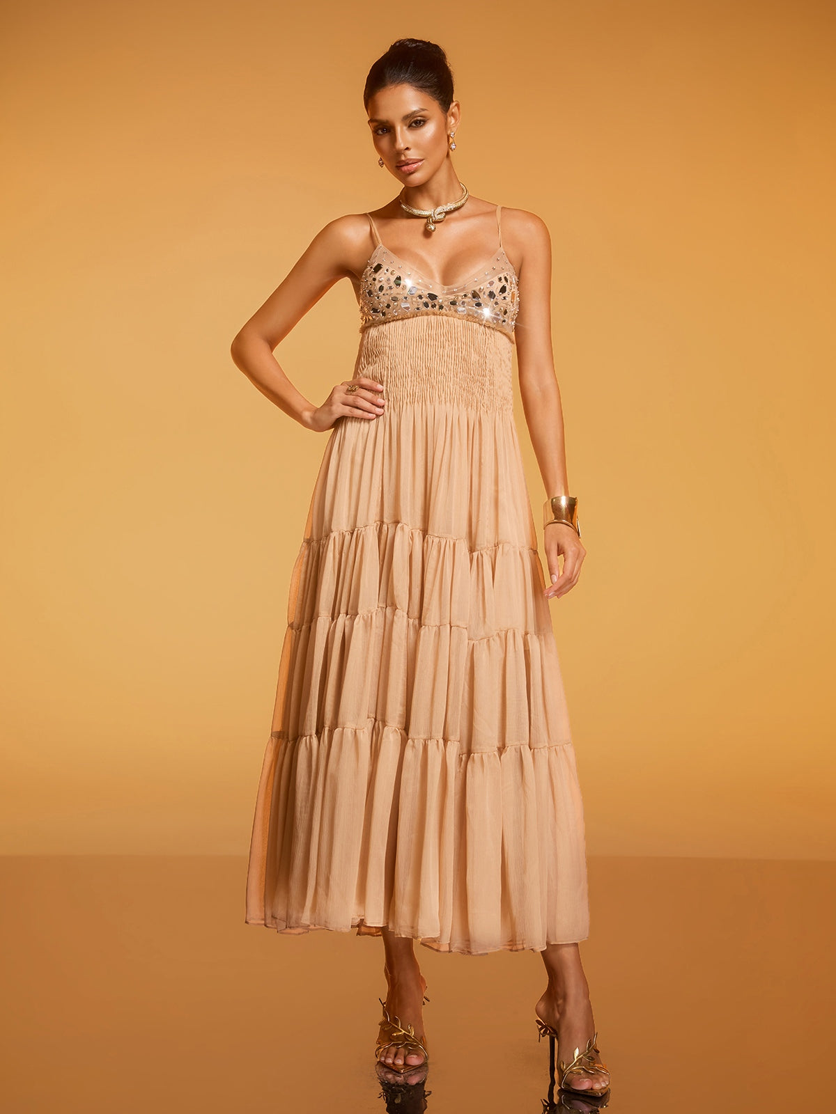 Divna Spaghetti Pleated Rhinestone Dress
