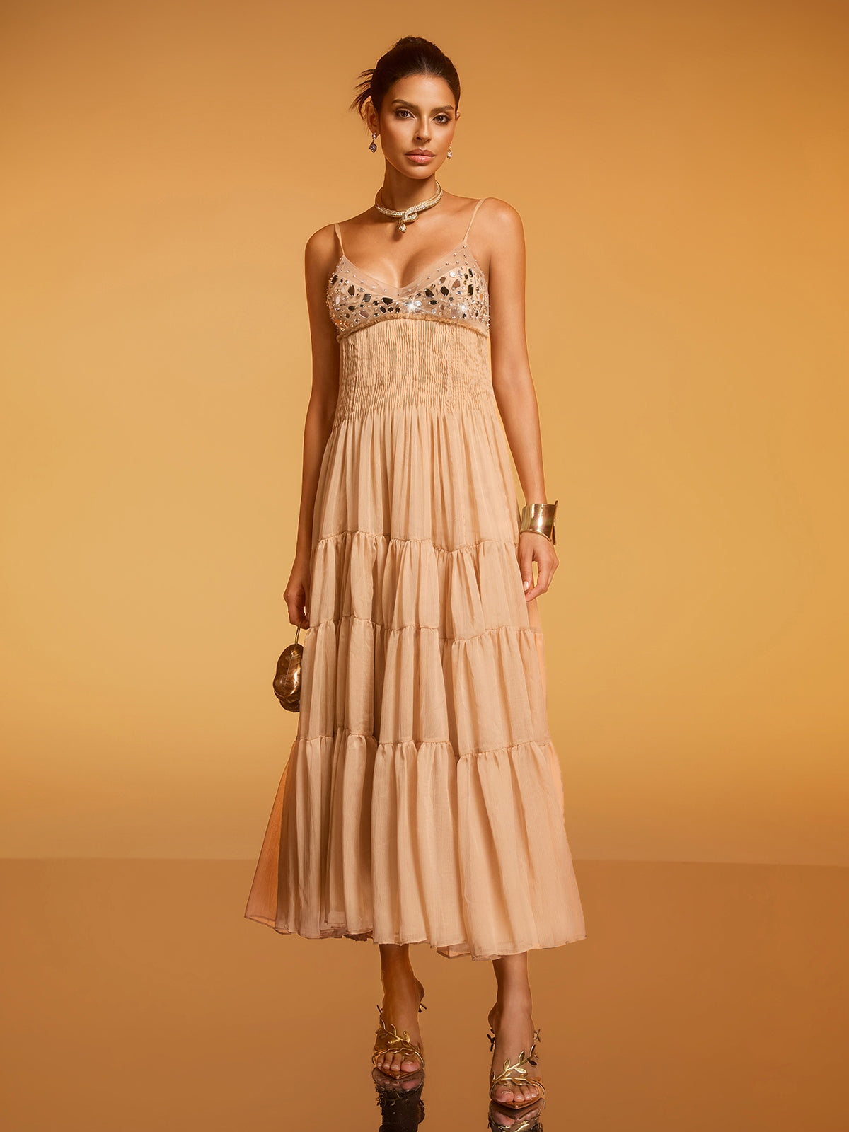 Divna Spaghetti Pleated Rhinestone Dress