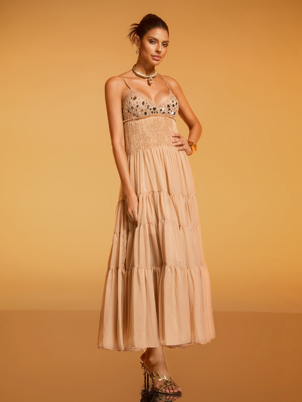 Divna Spaghetti Pleated Rhinestone Dress