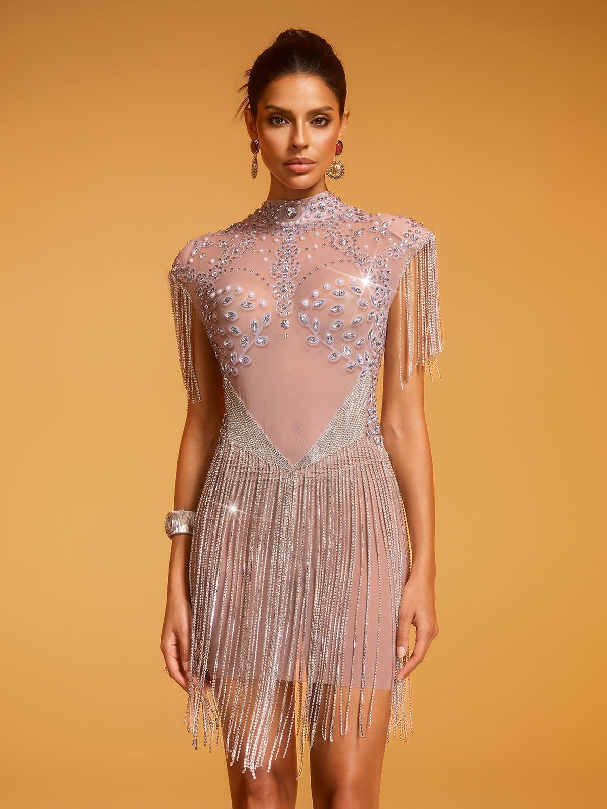 Doli Pearl Rhinestone Fringe Mesh Dress