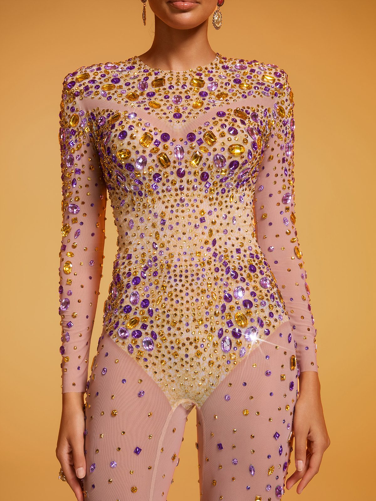 Domicia Long Sleeve Crystal Mesh Jumpsuit
