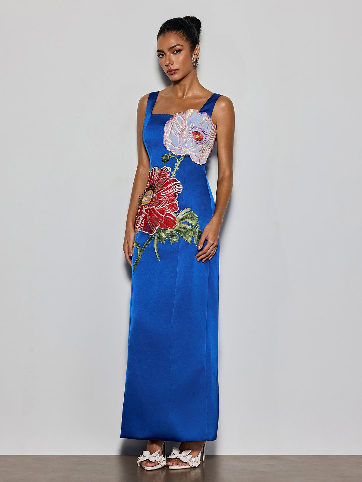 Doryqor Embroidered Flower Maxi Dress In Blue