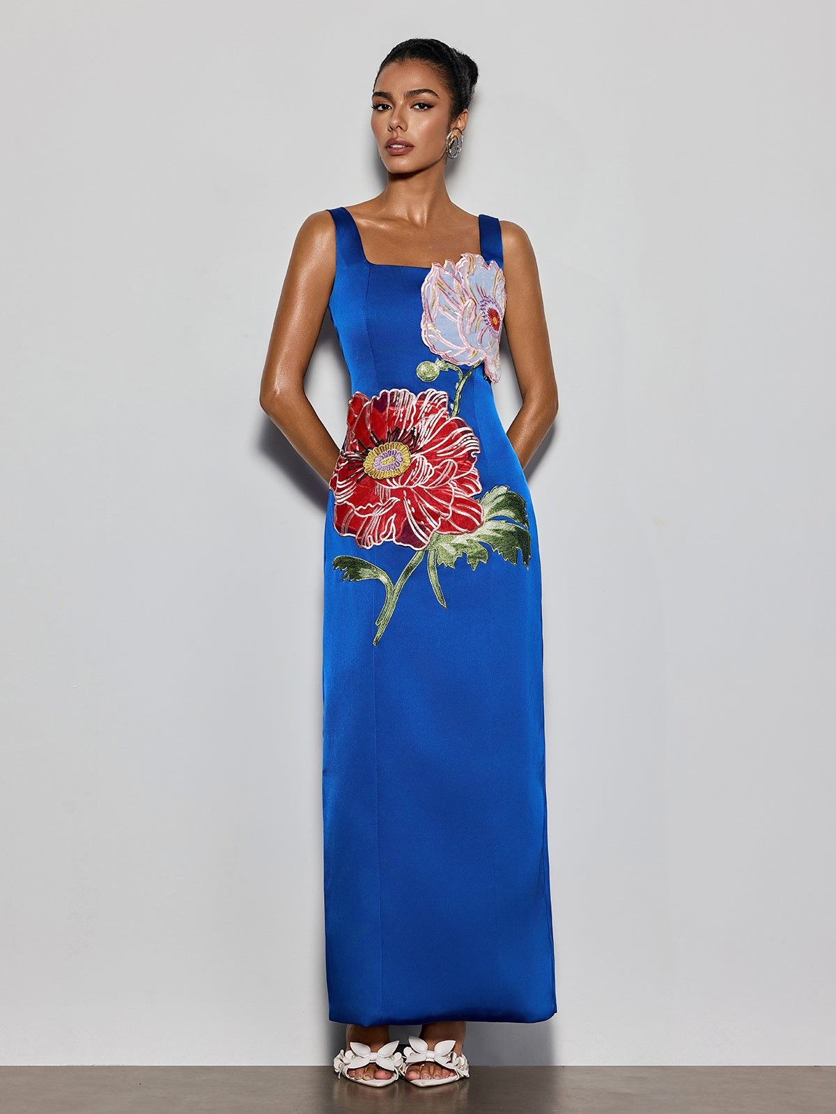 Doryqor Embroidered Flower Maxi Dress In Blue