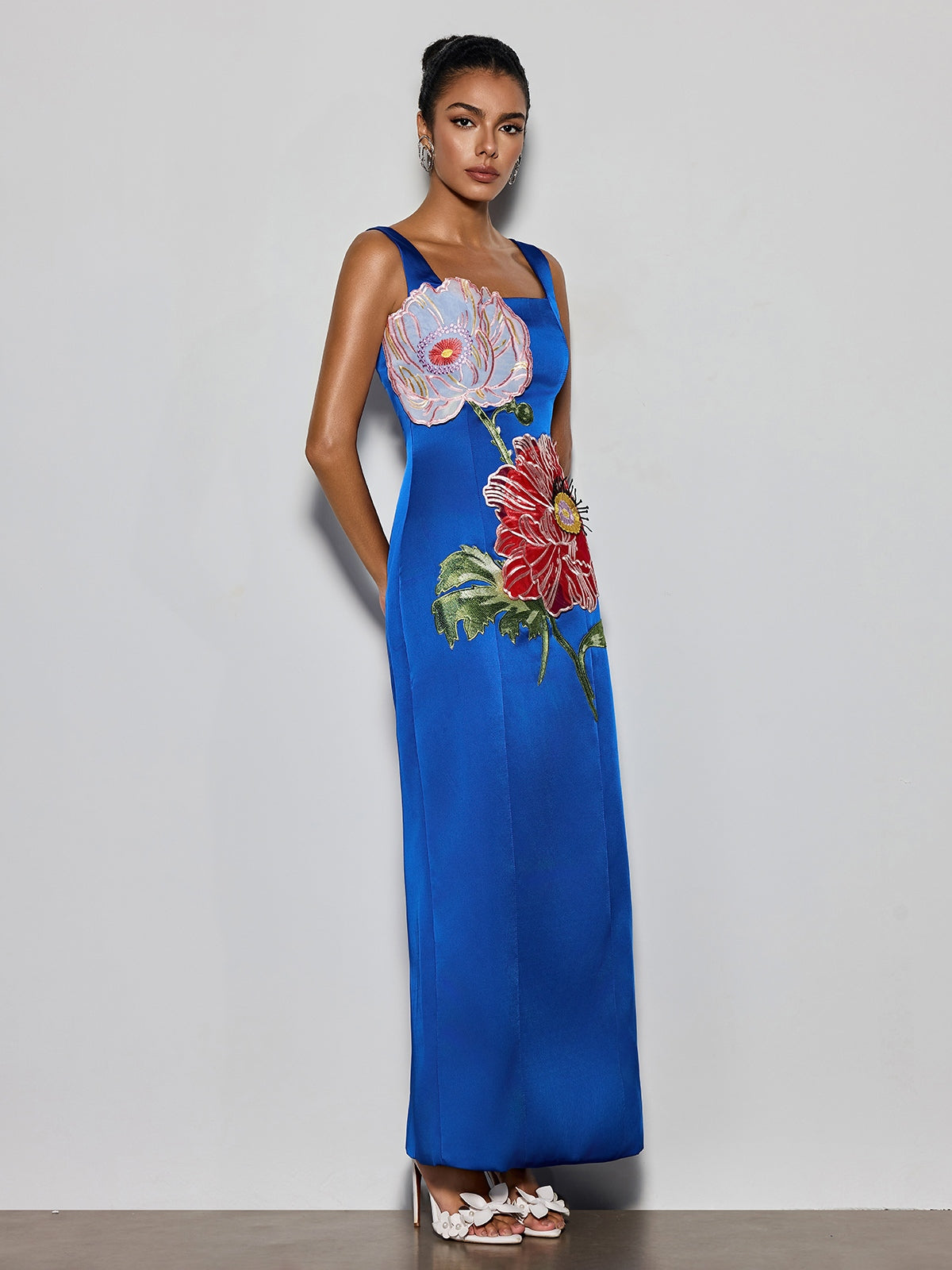 Doryqor Embroidered Flower Maxi Dress In Blue